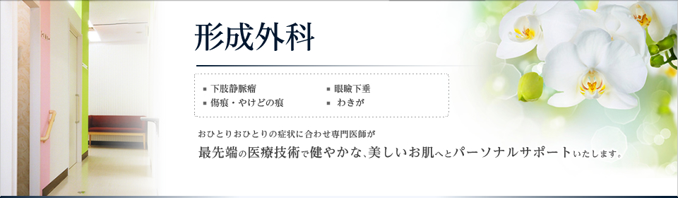 形成外科。下肢静脈瘤、傷痕・やけどの痕、眼瞼下垂、わきが。おひとりおひとりの症状に合わせ専門医師が最先端の医療技術で健やかな、美しいお肌へとパーソナルサポートいたします。